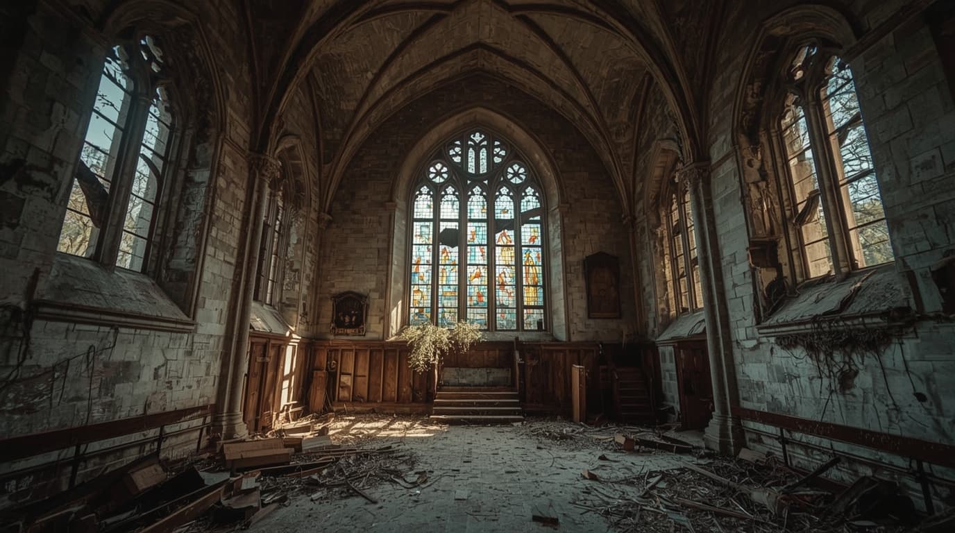 Abandoned church with broken stained glass